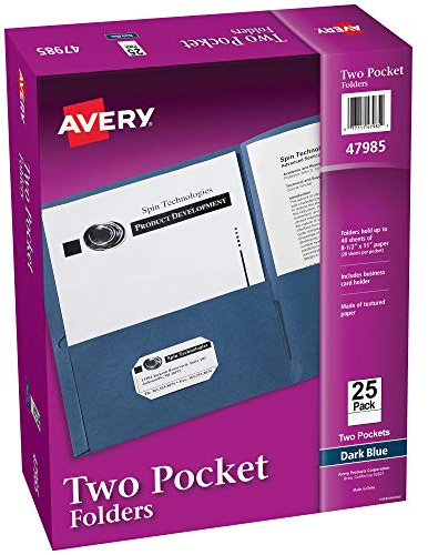 Avery Two Pocket Folders, Holds up to 40 Sheets, Business Card Slot, Ideal for Portfolios, Presentations and School, Dark Blue, Box of 25 (47985)