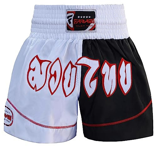 Farabi Sports Muay Thai Short Kinder Muay Thai Hose Junior Jungen und Mädchen Kickboxen Hose für Kampfsport Käfigkampf und Training (DE/NL/SE/PL, Alphanumerisch, XS, Regular, Regular, White/Black)