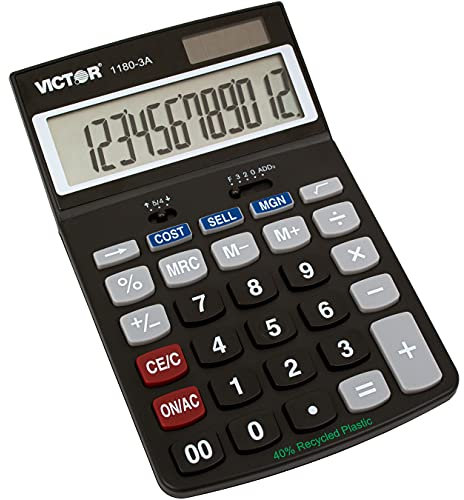 Victor 12-Digit Dual Power Desk Calculator, Extra Large Adjustable Angle LCD Display, Business/Financial Calculator, 6.5 x 4-Inches, Black (1180-3A)
