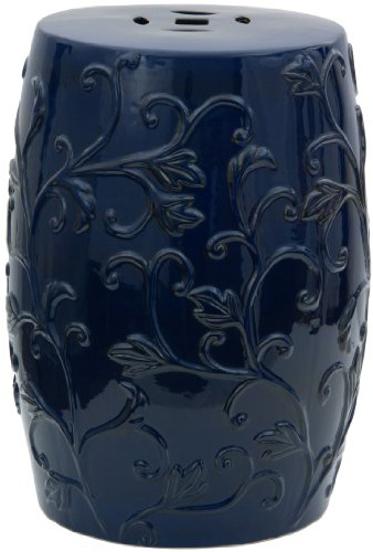Red Lantern 18 Dark Blue Carved Flowers Porcelain Garden Stool