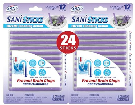 SANI 360° Sani Sticks Drain Cleaner and Deodorizer, 24 Count, Lavender Scent Enzyme Pipe Cleaners, Eliminate Odors, Prevent Clogged Drains, Safe for Sinks, Bathtub Drains, Septic Tanks