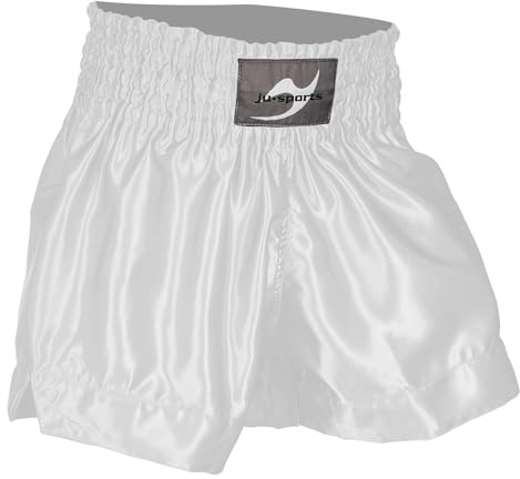 Ju-Sports Thaiboxhose Color Weiß XL I Thaibox Shorts im typischen Thai-Schnitt I 100% Polyester I Breiter Boxerbund & Zusatzschnürung I Auch für Kickboxen UVM.