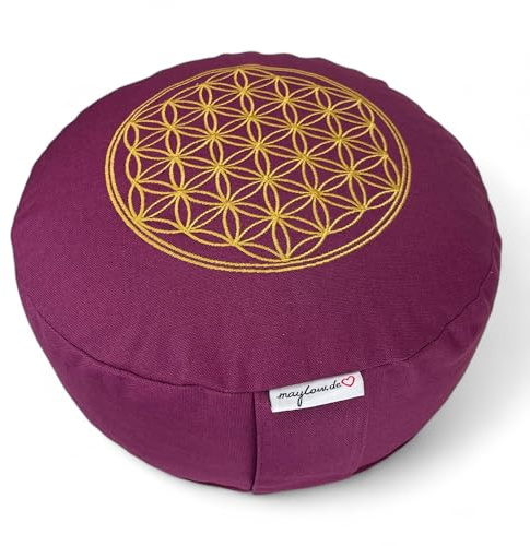 maylow Yoga mit Herz Yogakissen Meditationskissen Stickerei Blume des Lebens 33x15 cm für Anfänger und Geübte Bio-Dinkelspelz Füllung Bezug und Inlett Baumwolle waschbar (pflaume)