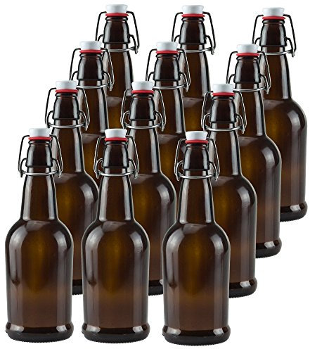 Ilyapa 16 Ounce Amber Swing Top Glass Bottles - 12 Pack Flip Top with Airtight Lid, Beer Bottles for Home Brewing - Kombucha, Soda, Coquito, Kefir, Juice, Pressure Safe
