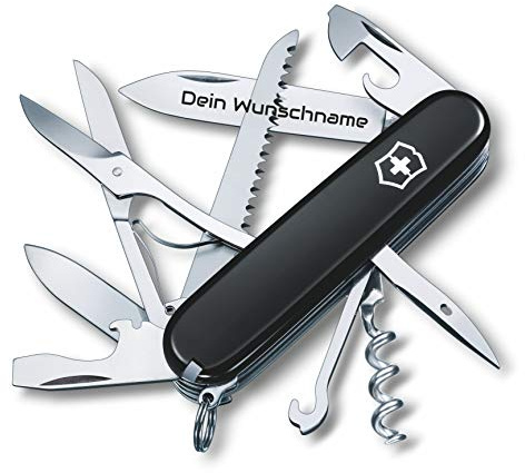 Taschenmesser HUNTSMAN mit Wunsch Gravur auf der Klinge I Geschenk für Männer Frauen I zum Geburtstag I Schweizer Taschenmesser personalisiert mit 15 Funktionen 1.3713 (schwarz)