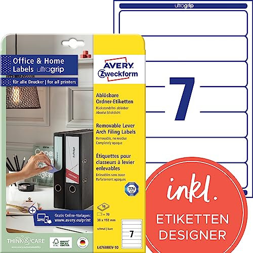 AVERY Zweckform L4760REV-10 Ordnerrücken Etiketten (70 Rückenschilder mit ultragrip, 38x192mm auf A4, wiederablösbar, schmal/kurz, selbstklebend, blickdicht, bedruckbare Aufkleber) 10 Blatt, weiß