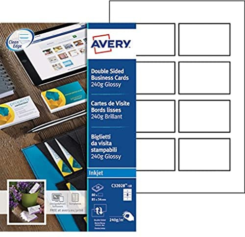 Avery C32028-10 dubbelsidiga utskrivbara visitkort med glansig finish, 240 GSM för bläckstråleskrivare