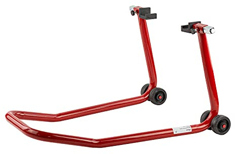 DEMA Motorradheber 340 mm, bis 340 kg Tragkraft, gummierte Halteplatten, pulverbeschichtet, 4 Hartplastikrollen, leicht & kompakt, ideal für Hinterradmontage, Reparatur, Wartung