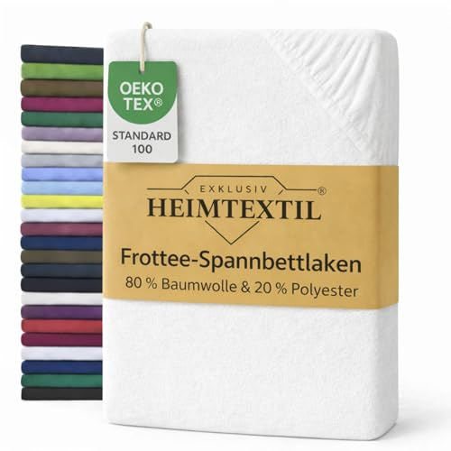 EXKLUSIV HEIMTEXTIL Frottee Spannbettlaken 180-200 x 200 cm 80% Baumwolle, 20% Polyester Öko - Tex Zertifiziert, Markenqualität, Matratzenhöhe bis 25 cm, Weiss