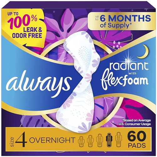 Always Radiant Feminine Pads for Women, Flexfoam Pads with Wings, Size 4, Overnight Absorbency, Lightly Scented, 60 Count (3 Packs of 20)