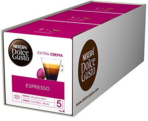NESCAFÉ Dolce Gusto Espresso | 48 Kaffeekapseln | 100% edle Arabica Bohnen | Charaktervoller Espresso | Fruchtige Granatapfelnote | Samtige Crema | Aromaversiegelte Kapseln | 3er Pack (3 x 16 Kapseln)