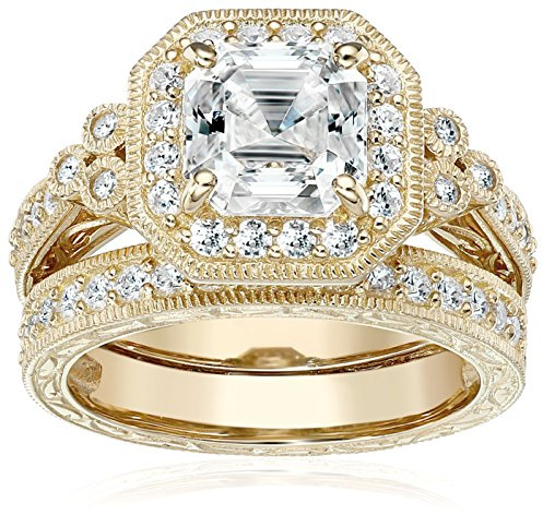 Amazon Essentials Yellow 23K GoldPlated Sterling Silver Antique Ring set with Asscher-Cut Infinite Elements Cubic Zirconia, Size 6