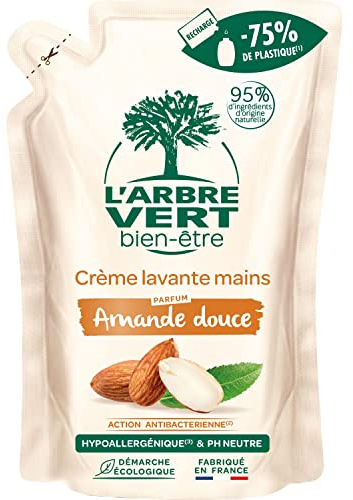 L'Arbre Vert Bien-être Recharge Crème Lavante Mains Parfum Amande douce - Hypoallergénique et pH Neutre - 95% d'ingrédients d'origine naturelle - 300 mL