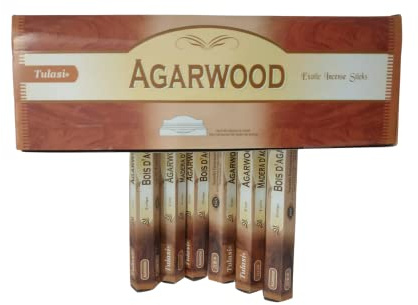 Tulasi Incienso Aromático Madera de Agar - 6 Paquetes de 20 Unidades - 120 Varillas de Larga Duración