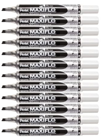 Pentel Maxiflo Whiteboard-Marker, trocken abwischbar, schmale abgeschrägte Spitze, Schwarz, 12 Stück