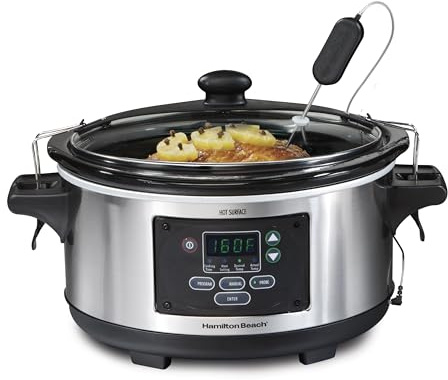 Hamilton Beach Portable 6 Quart Set & Forget Digital Programmable Slow Cooker with Lid Lock, Temperature Probe, Dishwasher Safe Crock & Lid, Stainless Steel (33969A)
