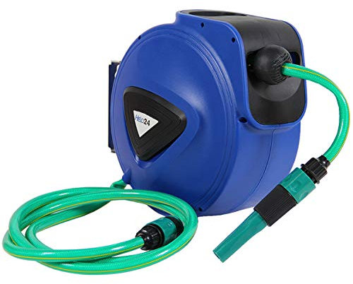 HELO Automatik Wand Schlauchtrommel mit 15 m Schlauch (1/2“), Einzugsautomatik, Arretierstopp und 180° Wandhalterung, Schlauchaufroller mit 15 m Schlauch, 2 m Zuleitung, Schnellkupplung und Spritze