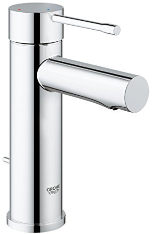 GROHE Essence, energiesparende Waschtischarmatur, Kaltwasser in Mittelstellung (Wasserhahn für Waschbecken im Bad, 17cm hoch, mit Zugstangen Ablaufgarnitur, wassersparend), chrom, 23379001