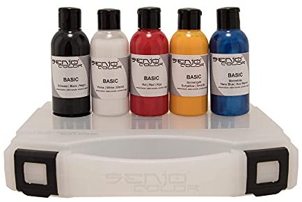 Senjo Color Basic Pinsel & Airbrush Bodypainting Farben Set 5 x 75ml Schwarz, Weiß, Rot, Gelb, Blau für Gesicht und Körper im Koffer