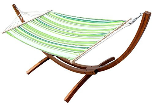 ALEOS. 320cm Hängemattengestell SOSUA Hängematte mit Gestell aus Holz Lärche mit grün gestreifter Stabhängematte