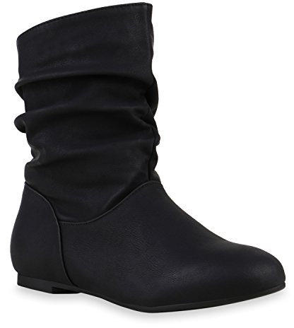 Damen Klassische Stiefel Schlupfstiefel Leder-Optik Bequeme Stiefeletten Boots Schuhe 122507 Schwarz 39 Flandell