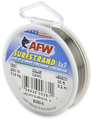 American Fishing Wire Surfstrand, Bare 1x7 Stainless Steel Leader Wire, 250 lb Test, 0.039 Diameter, Camo, 30 ft