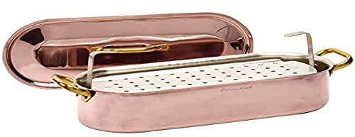 Pentole Agnelli ALCU11840 Pesciera in Rame liscio stagnato con Coperchio e Griglia e due maniglie in ottone, 40x13 cm