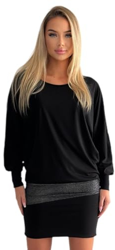 Mississhop 95-31 Damen Minikleid festlich Glitzer Kleid Pulli Tunika Schwarz M