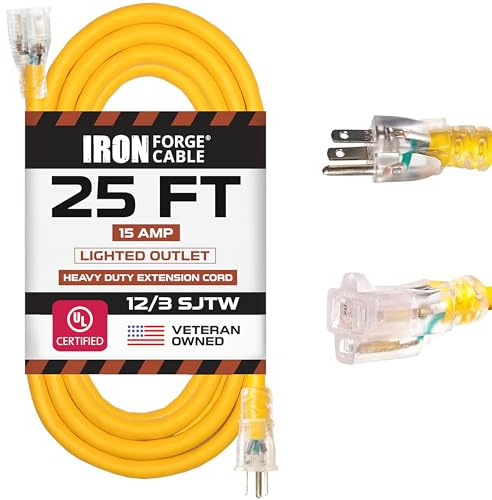 IRON FORGE CABLE 25 ft Lighted Outdoor Extension Cord - 12/3 SJTW Heavy Duty Yellow Extension Cable Extension Cable with 3 Prong Grounded Plug for Safety, 15AMP -Great for Garden and Major Appliances
