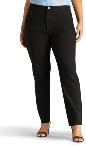 Lee Women's Plus Size Relaxed Fit Side Elastic Tapered Leg Jean, Black Stretch, 22 Plus Long