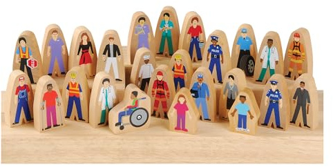 Constructive Playthings Wooden Community Helpers 25-Piece Wood Block Play Figurine Set, Freestanding Inclusive and Diverse Wood Toy Figures for Kids Ages 3+