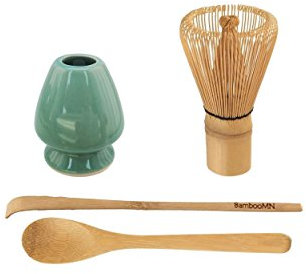 BambooMN Brand - Matcha Green Tea Whisk Set - Whisk + Scoop + Tea Spoon + Green Whisk Holder