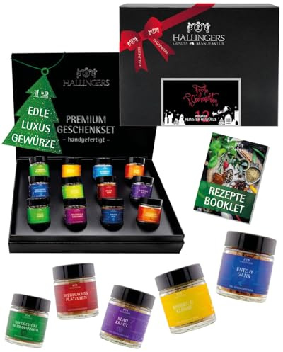 Hallingers Genuss Manufaktur Gewürze Geschenkset Weihnachten – 12 Premium Gewürze aus aller Welt im Glas, edle Geschenkbox, Gewürze Set Frohe Weihnachten, Weihnachts Geschenkidee für Männer & Frauen