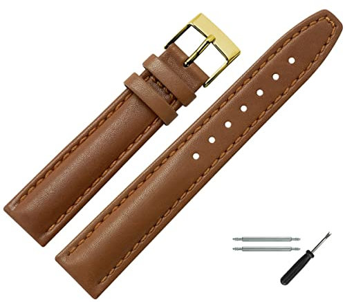 MARBURGER Uhrenarmband 18mm Leder Braun Gold Glatt Mit Naht - Montage Set 2891834000220
