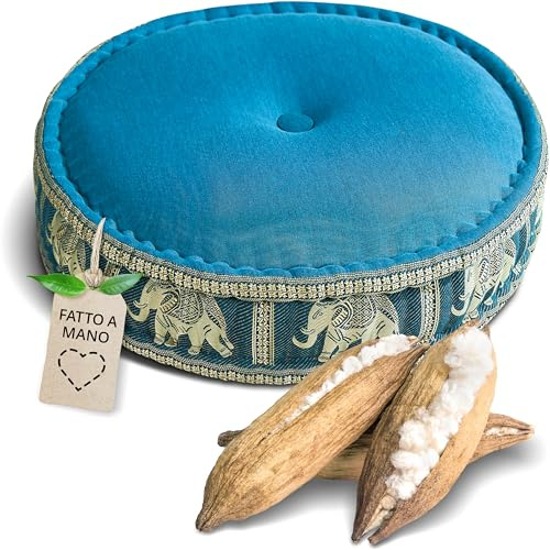 livasia Cuscino da Meditazione Seta thailandese - Ø 45x15cm - Cuscino per Yoga kapok, Pouf, Cuscino da Pavimento Yoga Meditazione Zen, Cuscino Giardino Balcone (Azzurro/Elefanti Seta)
