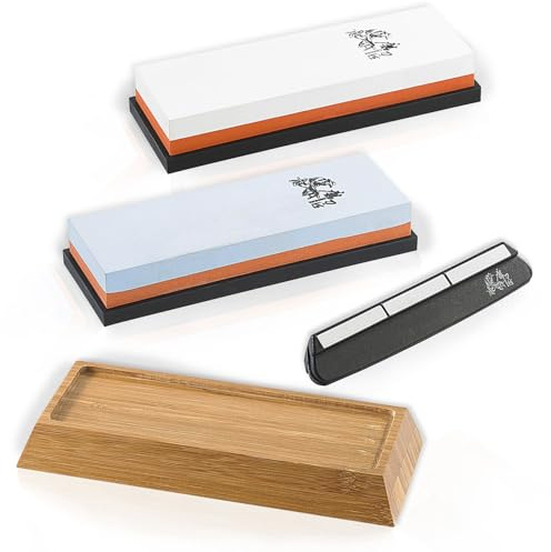 TokioKitchenWare Messer Schleifstein Set: Wasser-Schleifstein-Set, 2 Doppel-Wassersteine, Winkelhilfe & Halter (mit Körnung, Klingen Wetzstein, Schleif)