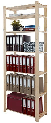 MODO24 Holzregal, 7 Regalböden, Eckregal, Standregal, Kellerregal, Lagerregal, Bücherregal, Wandregal, Büroregal, für Wohnzimmer, Küche, Keller, Garage, Abmessungen 220x80x38 cm, Farbe: Naturholz
