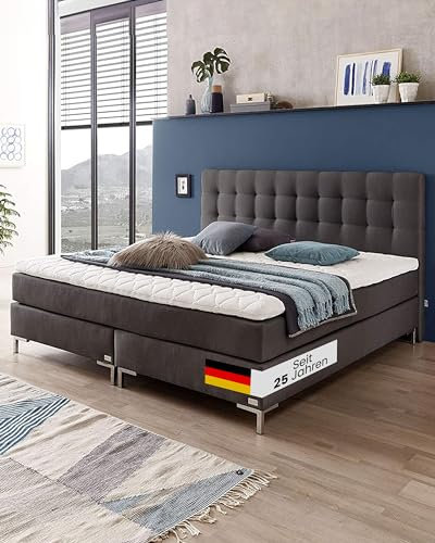 Luxus Boxspringbett 180x200 H2/H3 (für eine Person H2, für die andere Person H3) inkl. Topper, 1126 TTF Tonnentaschenfederkerne, dunkelgrau - Premiumklasse für 5 Sterne Hotels - direkt vom Hersteller