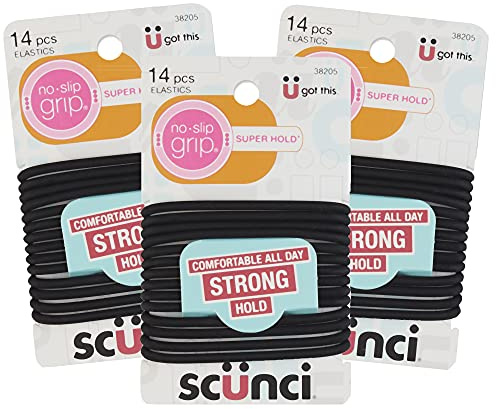 Scunci Black Gel Elastics, No-Slip Grip, Strong Hold-Ponytailers, 14 Pcs per Pack (3-Pack)