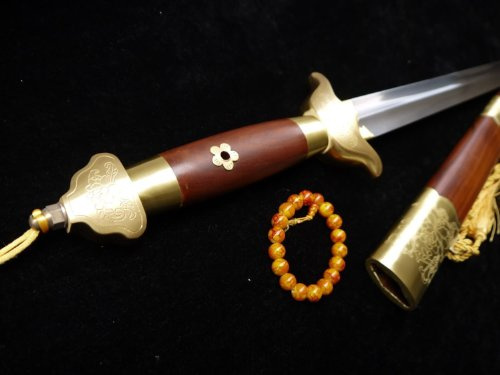 Chinese Swords,Tai Chi Sword(Pattern Steel Flexible Blade,Redwood Scabbard,Copper Hand-Carved Pattern) Length 39