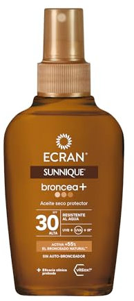 Ecran Sunnique - Aceite Protector Solar Broncea+ FPS 30, Protección Media UVB y UVA, Activa el Bronceado Natural, Sin Autobronceador, con Tecnología PureBronze, Resistente al Agua - 100 ml