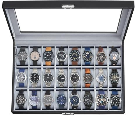 SONGMICS 24-Slot Watch Box, Lockable Watch Storage Case with Glass Lid, Gift Idea, Ink Black Synthetic Leather, Dove Gray Lining UJWB024