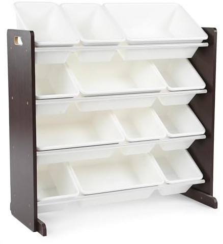 Humble Crew Wooden Toy Storage Organiser for Children & Toddlers, with 12 BPA Free Plastic Removable Storage Bins, Ideal for Storing Toys, Games, Books and Craft Supplies - Espresso/White