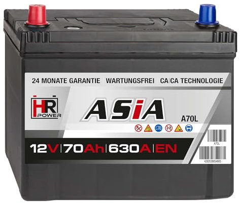 HR HiPower ASIA Autobatterie 70Ah 12V Pluspol Links 630A/EN Blei-Säure, hohe Startreserven auch bei Kälte