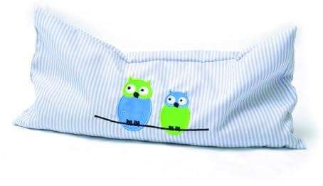 Aumüller Korbwaren Katzenspielkissen LILO (Large 36x18cm, Hellblau/Weiß, Gestickt mit Eulenbestickung, 36 x 18 x 5 cm, Füllung: Dinkelspelz, Baldrianwurzel)