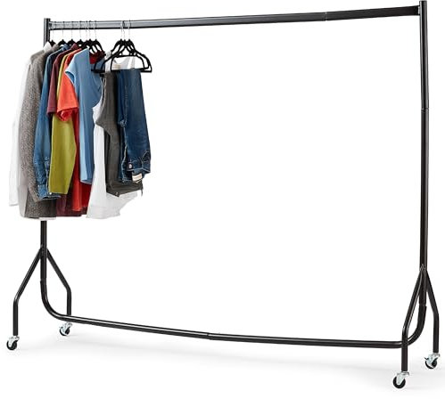 House of Home Heavy Duty Metal Clothes Rail with Wheels - 1 Tier Single Rail Wardrobe Replacement - Hanging Clothing Rack Storage & Organiser for Shirts, Coats, Jackets, Hat & Shoes - Black