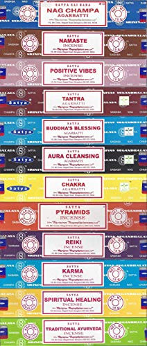 Satya - Juego de 12 varillas de incienso, Nag Champa Namaste Positive Vibes Tantra Buddha Blessing Aura Cleansing Chakra Pyramids Reiki Karma Spiritual Healing Traditional Ayurveda