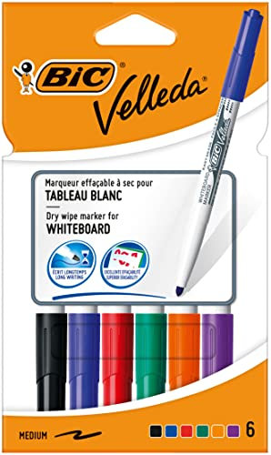 BIC Velleda 1741 Feutres pour Tableau Blanc Effaçables à Sec (Parfait pour l'Ecole et au Bureau / Pointe Conique Moyenne) - Couleurs Assorties, Pochette de 6