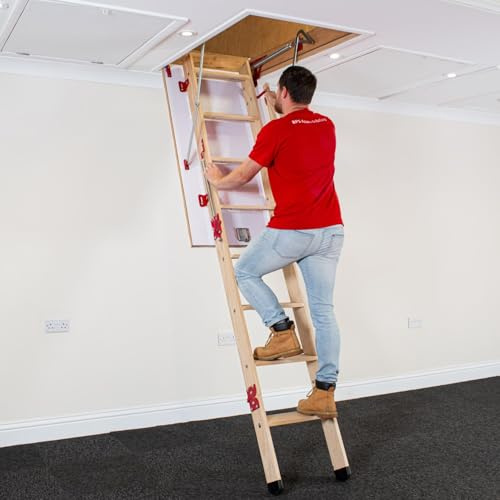 BPS® Grand Wooden Loft Ladder | Extra Large Treads | Double Spring Assisted | Massive 200kg Weight Rating | EN14975 Certified | 1380mm x 700mm Floor to Ceiling Heights up to 3.2m