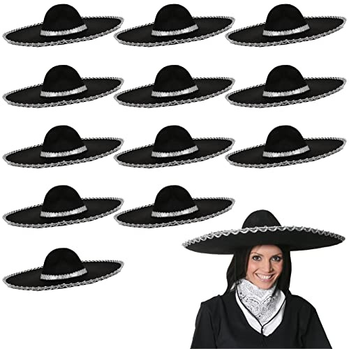 Stor SOMBRERO SVART MEXICAN FANCY KLÄNNING TILLBEHÖRNING MED SILVER BÅRD MARICHI HATS HEN NÄT STAG PARTY (svart, 12-pack)